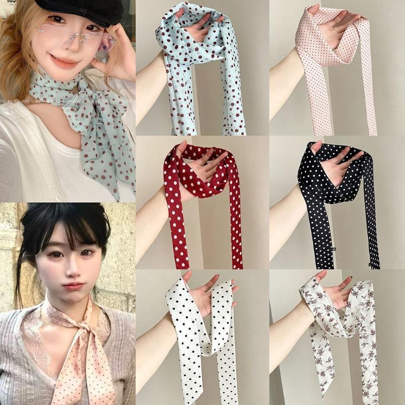 Silk Neck Scarf - Puantiyeli Çiçek Desenli İpek Eşarp İnce